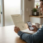 A person reviews a contractor insurance certificate at a kitchen table while cross-referencing information on a smartphone.