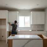 A person pressing a level against freshly installed white shaker cabinets in a partially remodeled San Jose kitchen.