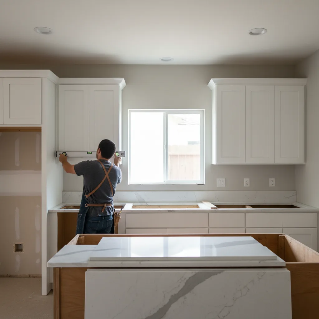 A person pressing a level against freshly installed white shaker cabinets in a partially remodeled San Jose kitchen.
