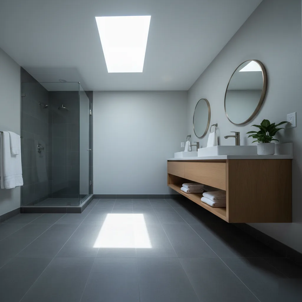 A finished bathroom addition with a glass shower, floating vanity, and skylight in a San Jose residential home.